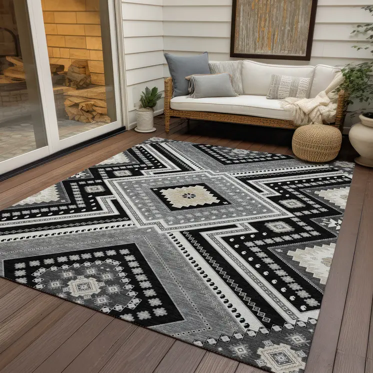 9' X 12' Black Gray And Ivory Tribal Washable Indoor Outdoor Area Rug