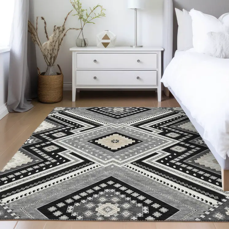 9' X 12' Black Gray And Ivory Tribal Washable Indoor Outdoor Area Rug