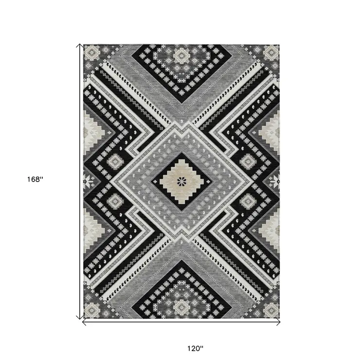 10' X 14' Black Gray And Ivory Tribal Washable Indoor Outdoor Area Rug