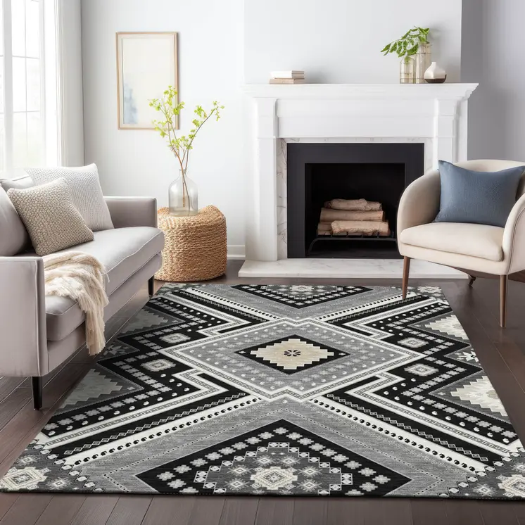 10' X 14' Black Gray And Ivory Tribal Washable Indoor Outdoor Area Rug