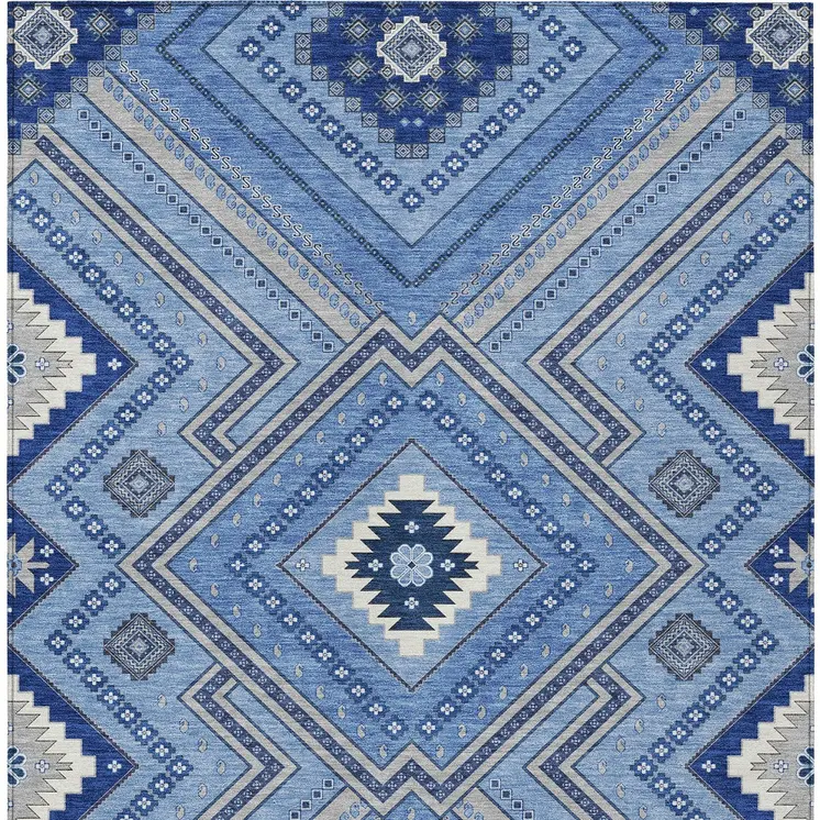5' X 8' Blue Gray And Ivory Tribal Washable Indoor Outdoor Area Rug