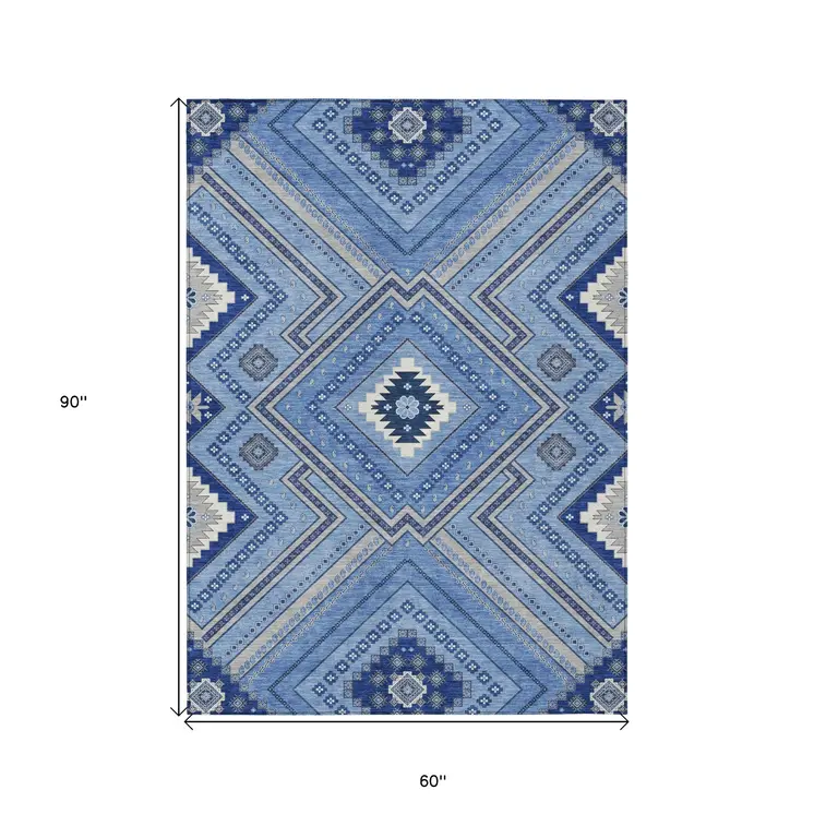 5' X 8' Blue Gray And Ivory Tribal Washable Indoor Outdoor Area Rug
