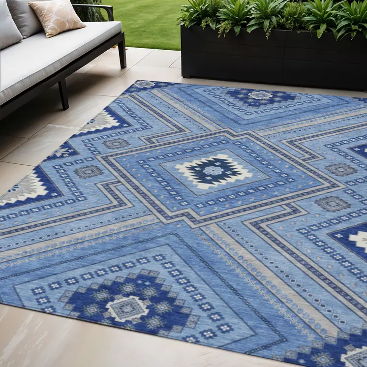 5' X 8' Blue Gray And Ivory Tribal Washable Indoor Outdoor Area Rug
