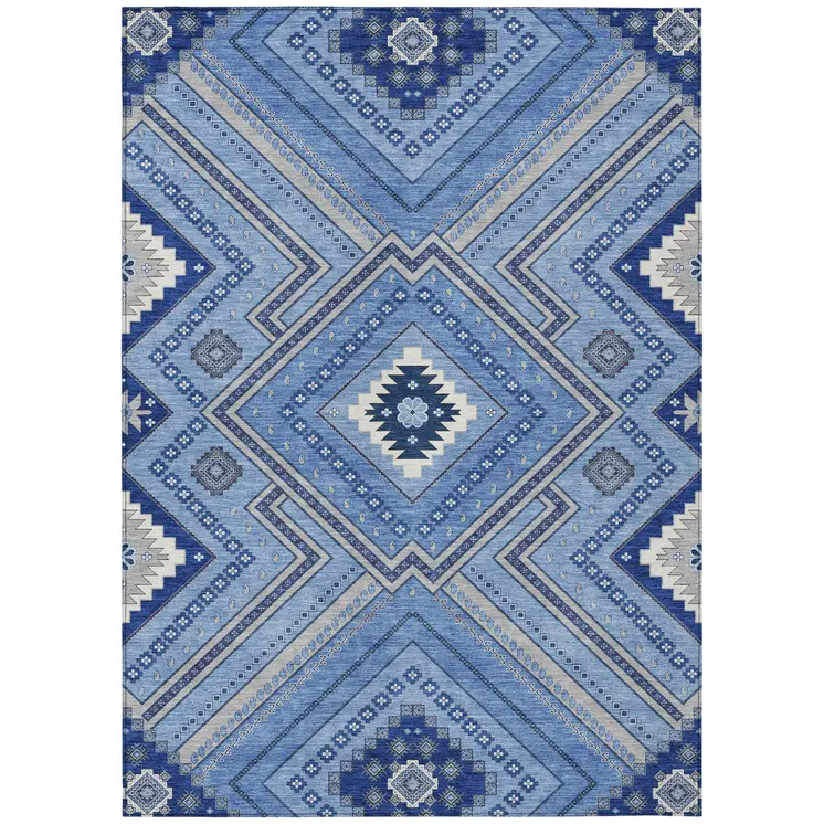 5' X 8' Blue Gray And Ivory Tribal Washable Indoor Outdoor Area Rug
