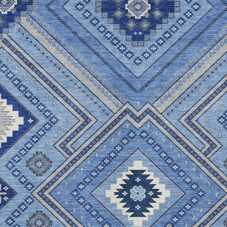 5' X 8' Blue Gray And Ivory Tribal Washable Indoor Outdoor Area Rug