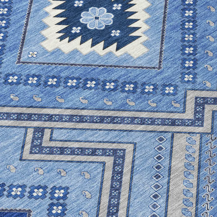 5' X 8' Blue Gray And Ivory Tribal Washable Indoor Outdoor Area Rug