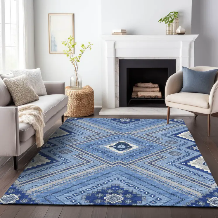 5' X 8' Blue Gray And Ivory Tribal Washable Indoor Outdoor Area Rug