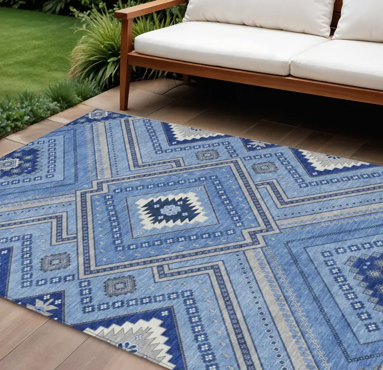 8' X 10' Blue Gray And Ivory Tribal Washable Indoor Outdoor Area Rug