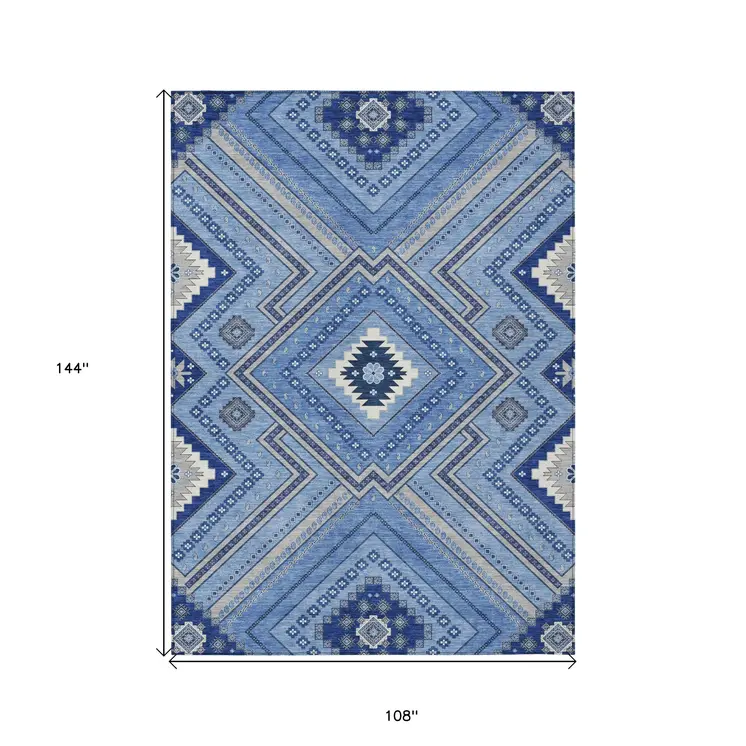 9' X 12' Blue Gray And Ivory Tribal Washable Indoor Outdoor Area Rug