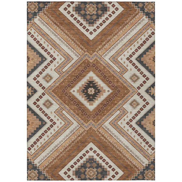 3' X 5' Copper Brown And Beige Tribal Washable Indoor Outdoor Area Rug