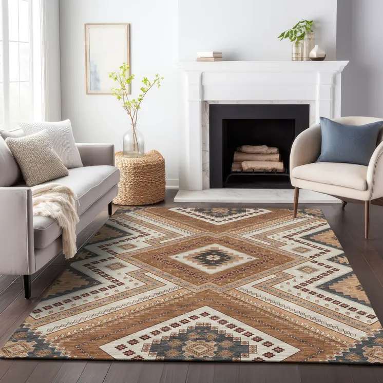 3' X 5' Copper Brown And Beige Tribal Washable Indoor Outdoor Area Rug