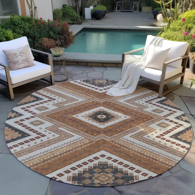 8' Copper Brown And Beige Round Tribal Washable Indoor Outdoor Area Rug