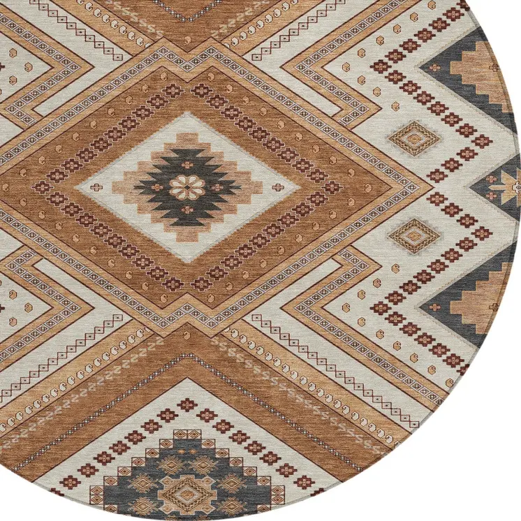 8' Copper Brown And Beige Round Tribal Washable Indoor Outdoor Area Rug