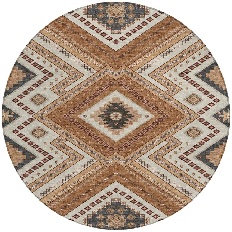 8' Copper Brown And Beige Round Tribal Washable Indoor Outdoor Area Rug