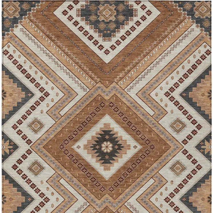 10' X 14' Copper Brown And Beige Tribal Washable Indoor Outdoor Area Rug