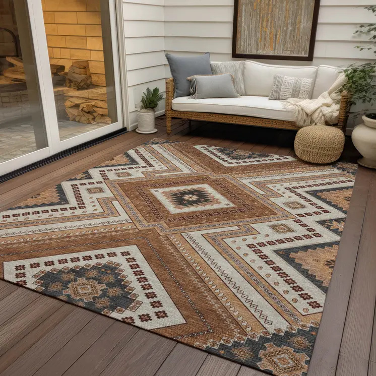 10' X 14' Copper Brown And Beige Tribal Washable Indoor Outdoor Area Rug