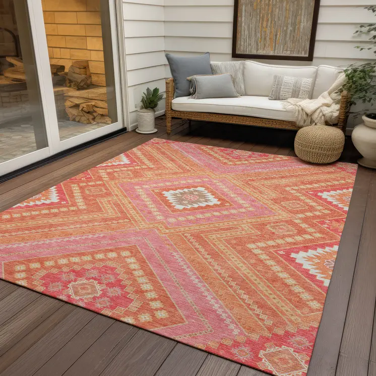 5' X 8' Coral Pink And Ivory Tribal Washable Indoor Outdoor Area Rug