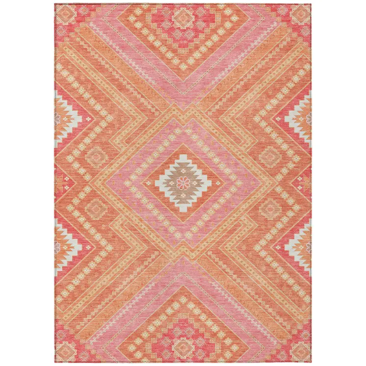 5' X 8' Coral Pink And Ivory Tribal Washable Indoor Outdoor Area Rug