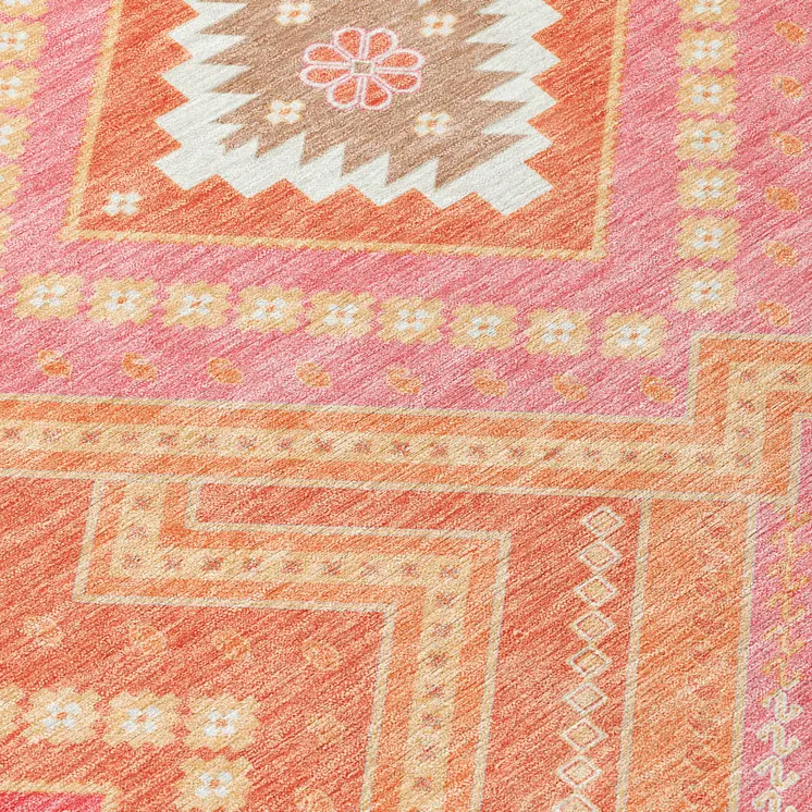 5' X 8' Coral Pink And Ivory Tribal Washable Indoor Outdoor Area Rug