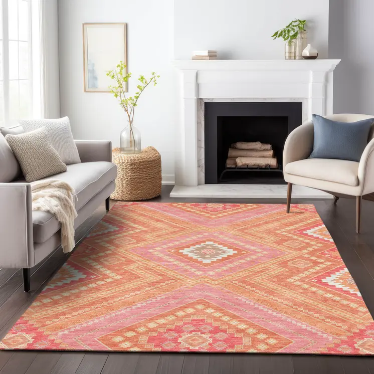 5' X 8' Coral Pink And Ivory Tribal Washable Indoor Outdoor Area Rug