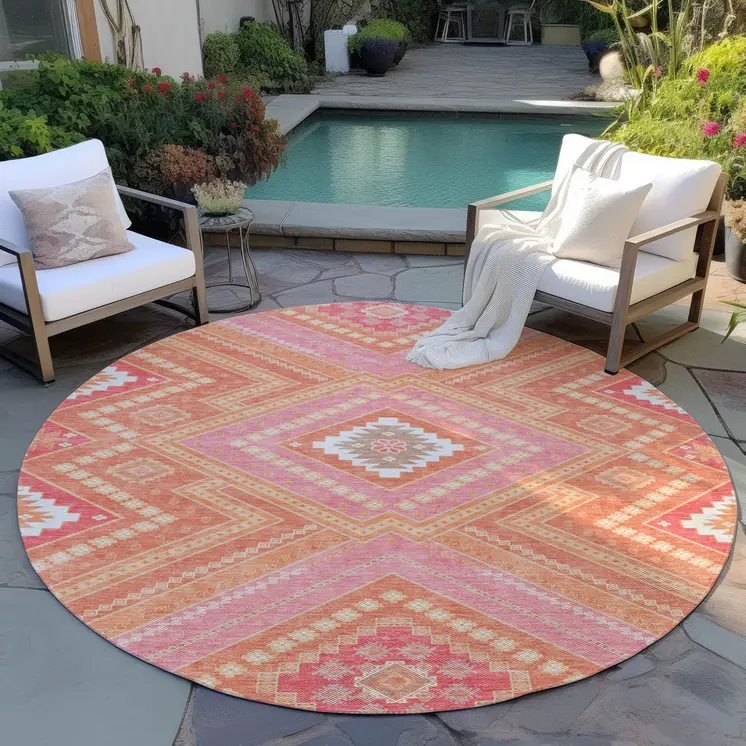8' Coral Pink And Ivory Round Tribal Washable Indoor Outdoor Area Rug