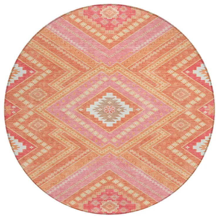8' Coral Pink And Ivory Round Tribal Washable Indoor Outdoor Area Rug