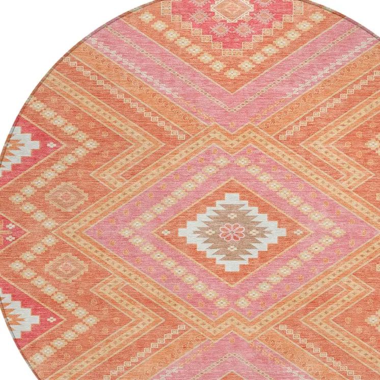 8' Coral Pink And Ivory Round Tribal Washable Indoor Outdoor Area Rug