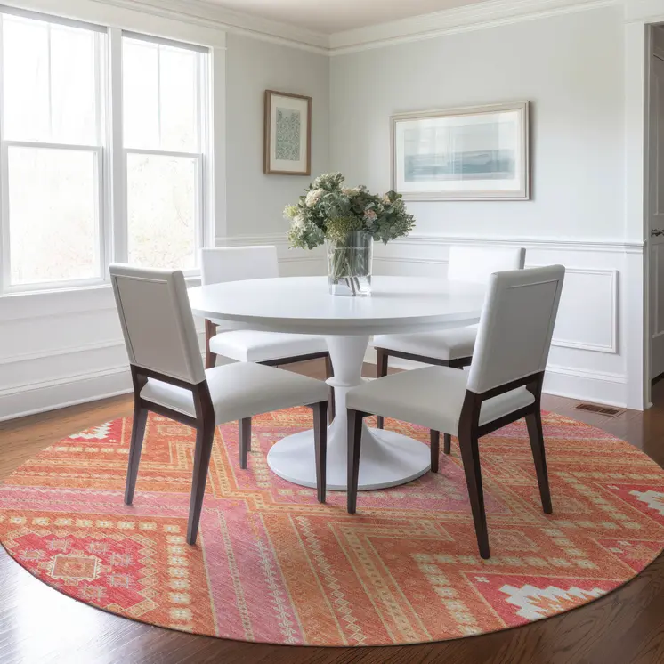 8' Coral Pink And Ivory Round Tribal Washable Indoor Outdoor Area Rug