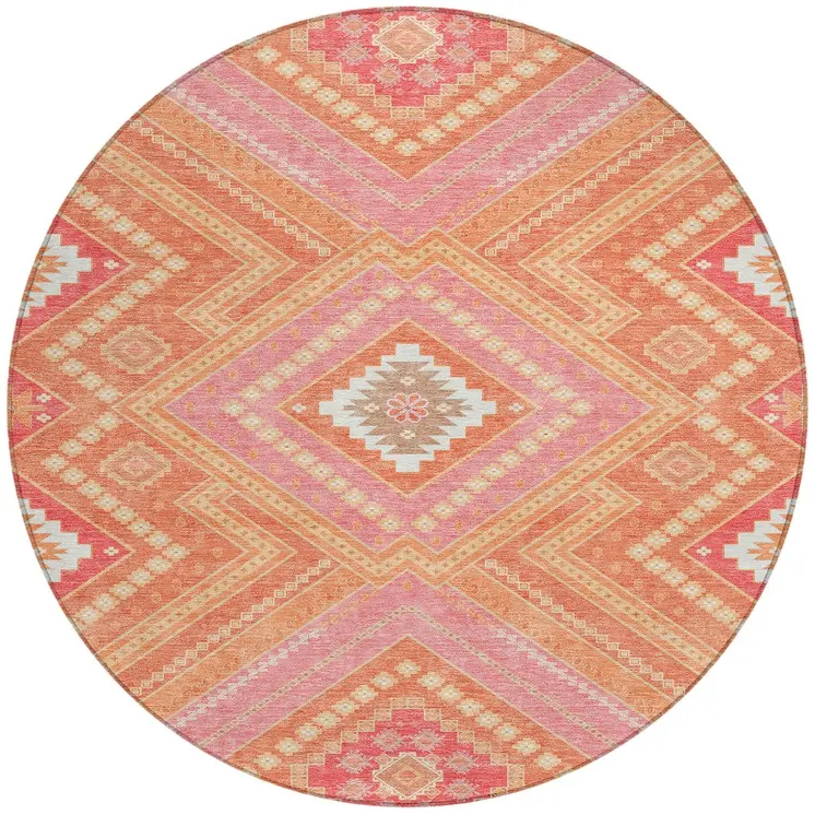 8' Coral Pink And Ivory Round Tribal Washable Indoor Outdoor Area Rug