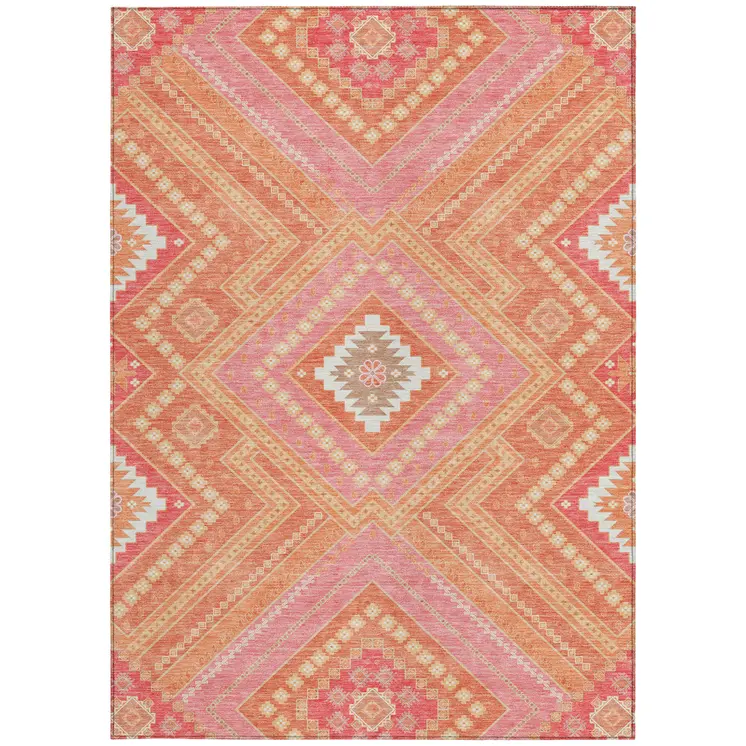 10' X 14' Coral Pink And Ivory Tribal Washable Indoor Outdoor Area Rug