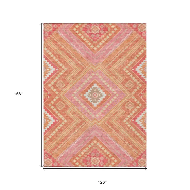10' X 14' Coral Pink And Ivory Tribal Washable Indoor Outdoor Area Rug