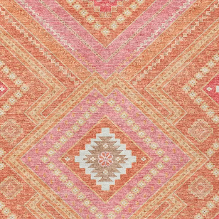 10' X 14' Coral Pink And Ivory Tribal Washable Indoor Outdoor Area Rug