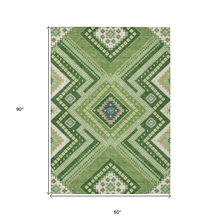 5' X 8' Green Ivory And Beige Tribal Washable Indoor Outdoor Area Rug