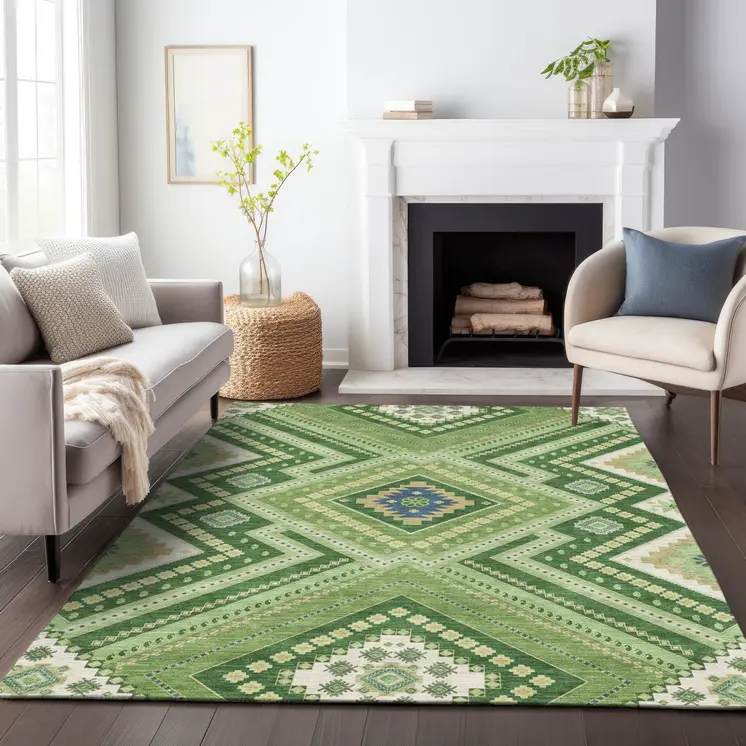 5' X 8' Green Ivory And Beige Tribal Washable Indoor Outdoor Area Rug
