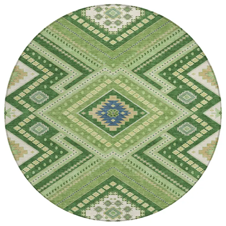 8' Green Ivory And Beige Round Tribal Washable Indoor Outdoor Area Rug