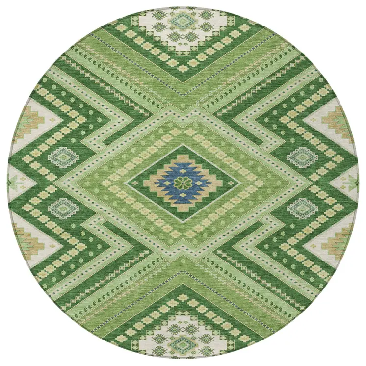 8' Green Ivory And Beige Round Tribal Washable Indoor Outdoor Area Rug