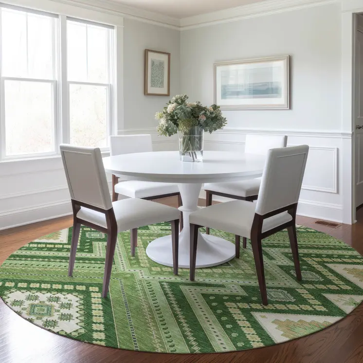 8' Green Ivory And Beige Round Tribal Washable Indoor Outdoor Area Rug