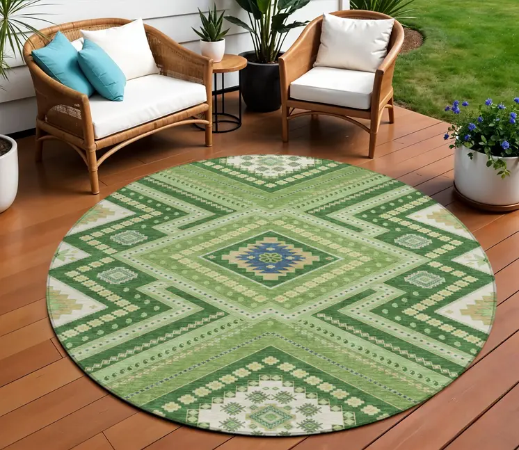 8' Green Ivory And Beige Round Tribal Washable Indoor Outdoor Area Rug