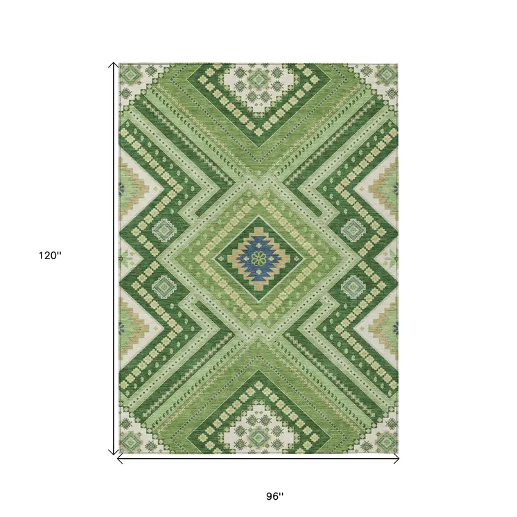 8' X 10' Green Ivory And Beige Tribal Washable Indoor Outdoor Area Rug