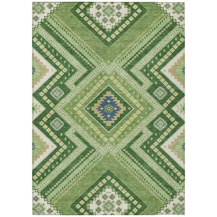 8' X 10' Green Ivory And Beige Tribal Washable Indoor Outdoor Area Rug