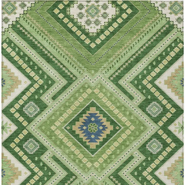 8' X 10' Green Ivory And Beige Tribal Washable Indoor Outdoor Area Rug