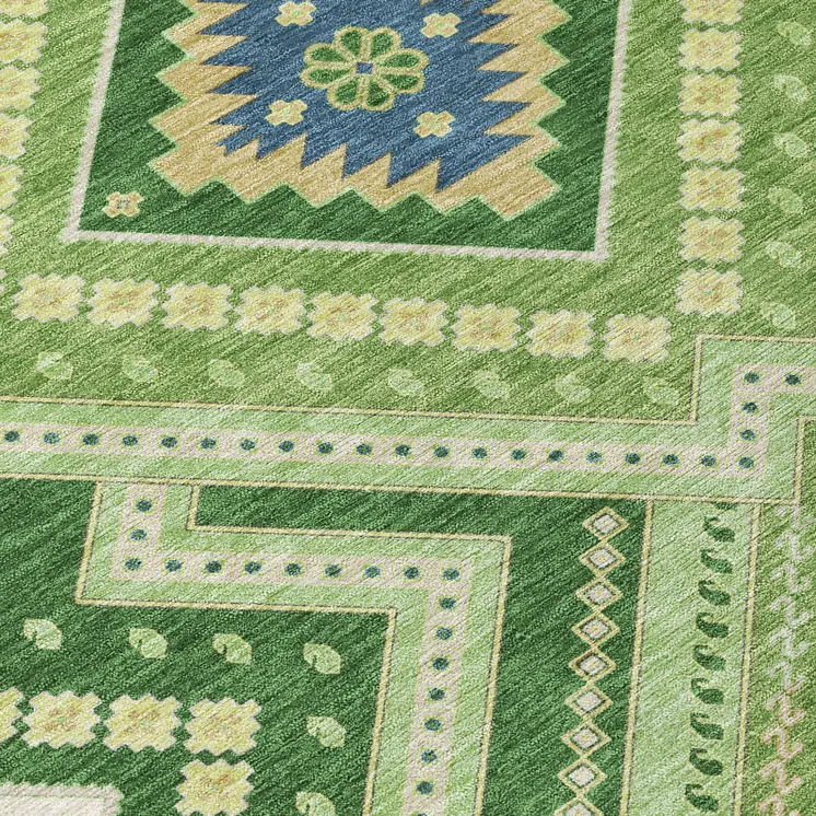 8' X 10' Green Ivory And Beige Tribal Washable Indoor Outdoor Area Rug