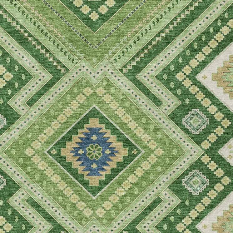 10' X 14' Green Ivory And Beige Tribal Washable Indoor Outdoor Area Rug