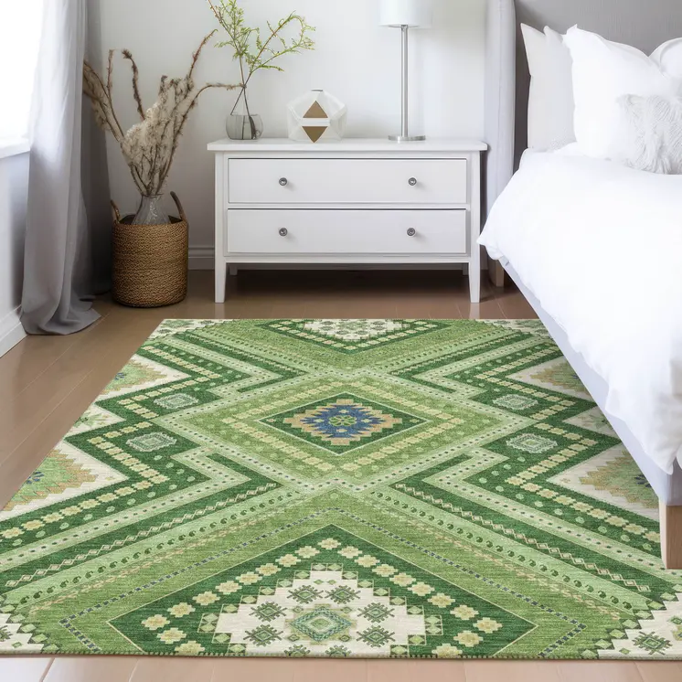 10' X 14' Green Ivory And Beige Tribal Washable Indoor Outdoor Area Rug