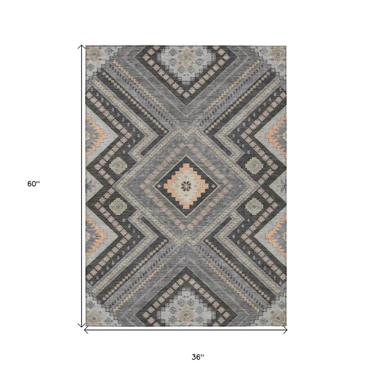 3' X 5' Gray Charcoal And Pink Tribal Washable Indoor Outdoor Area Rug