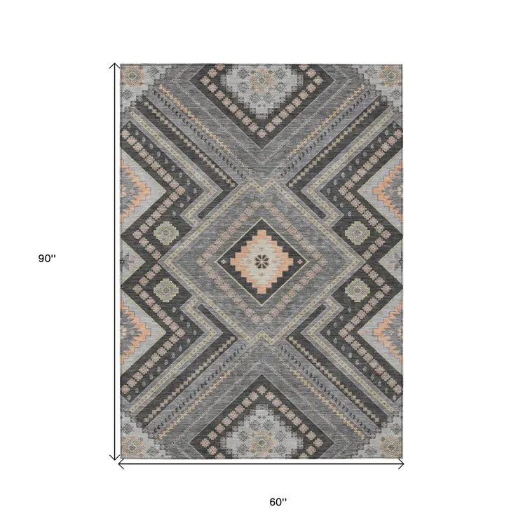 5' X 8' Gray Charcoal And Pink Tribal Washable Indoor Outdoor Area Rug