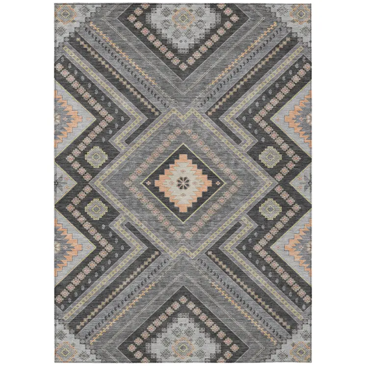 5' X 8' Gray Charcoal And Pink Tribal Washable Indoor Outdoor Area Rug