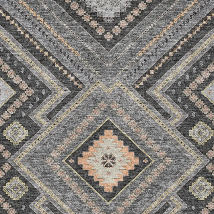 5' X 8' Gray Charcoal And Pink Tribal Washable Indoor Outdoor Area Rug