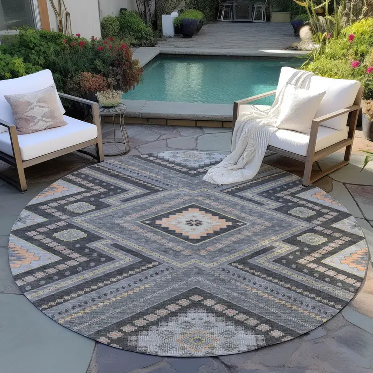 8' Gray Charcoal And Pink Round Tribal Washable Indoor Outdoor Area Rug