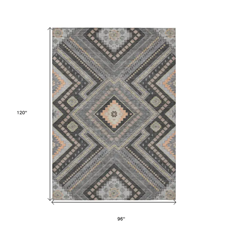 8' X 10' Gray Charcoal And Pink Tribal Washable Indoor Outdoor Area Rug